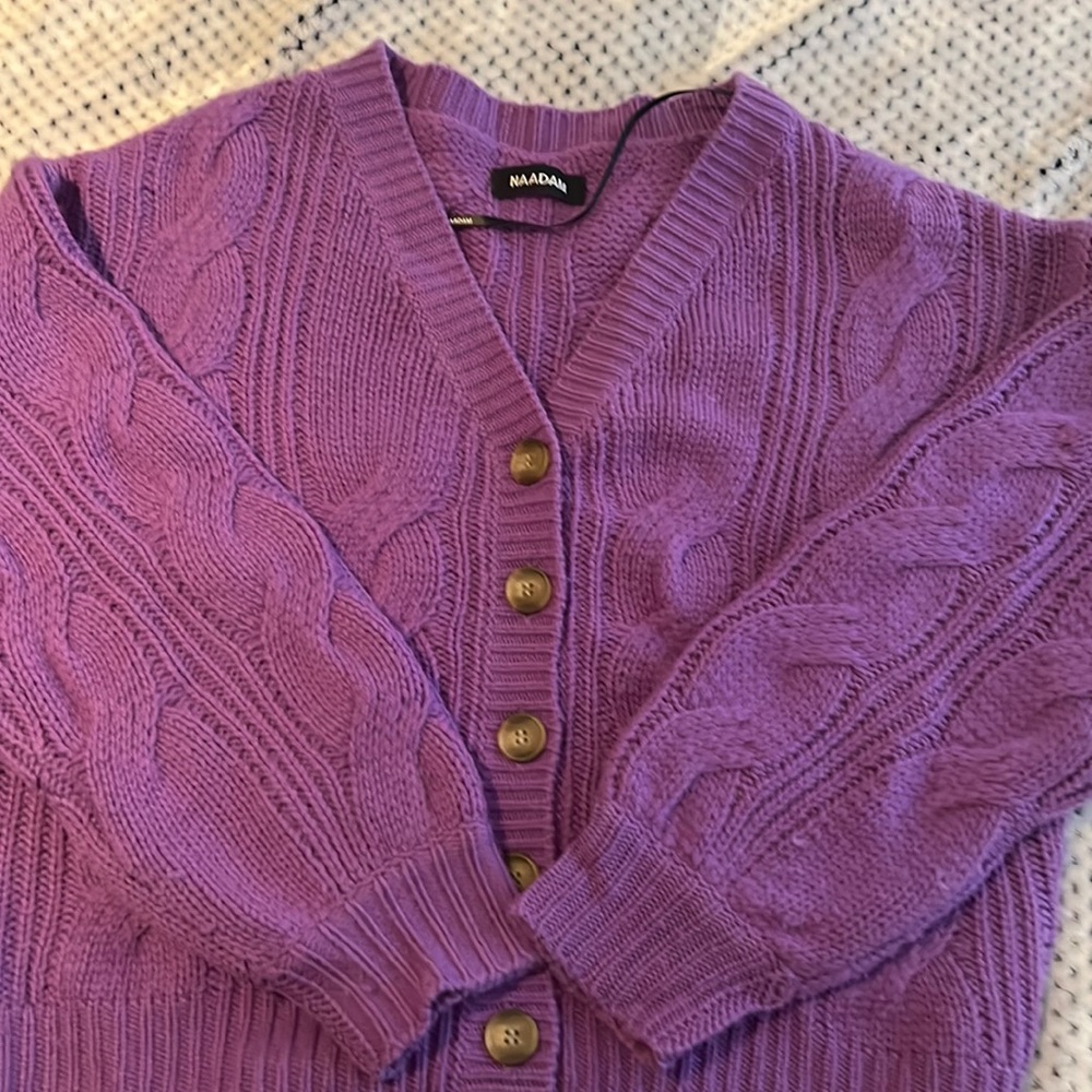 NAADAM Cropped Cable Knit Cardigan - Size L - Purple Iris